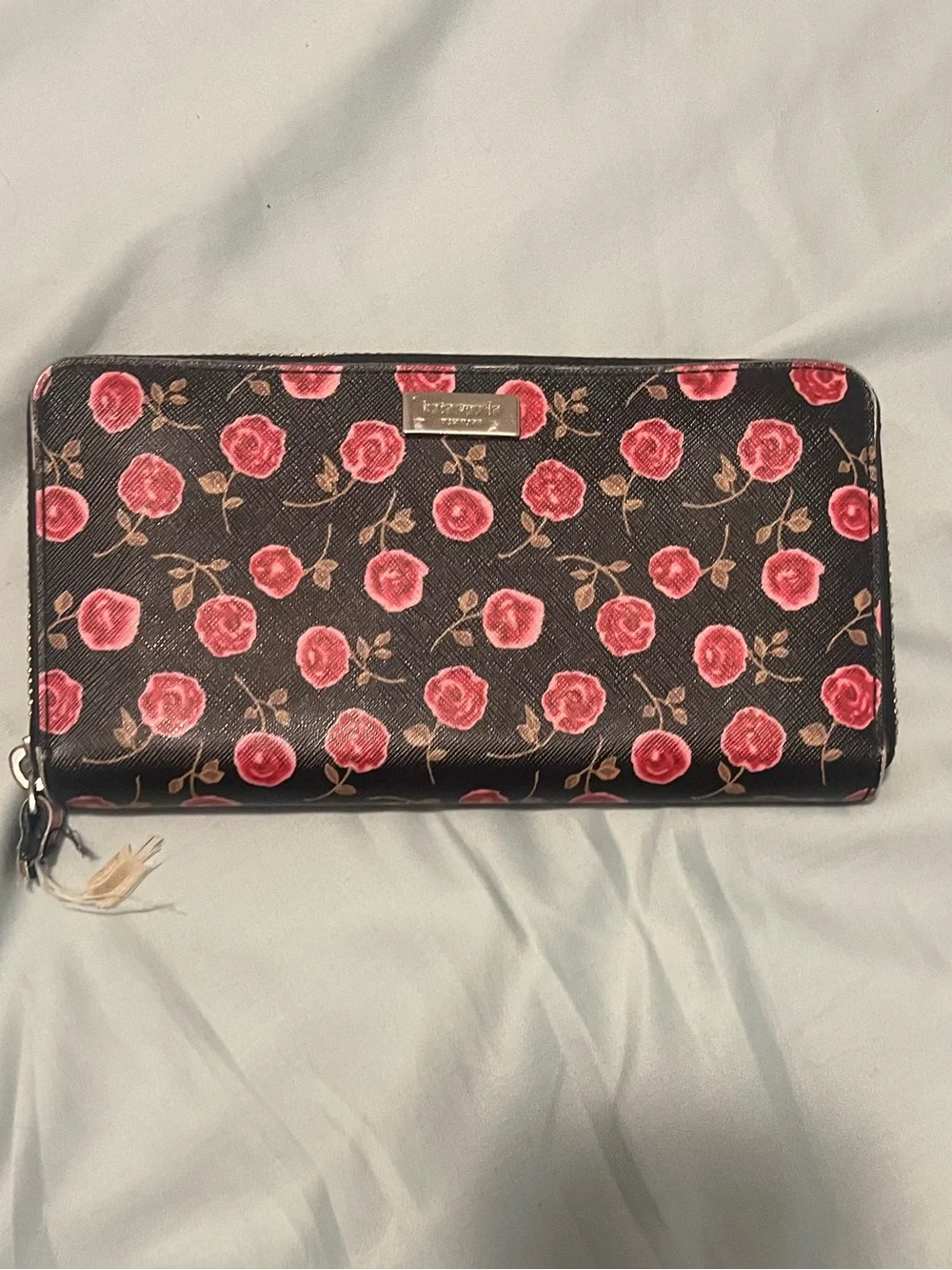 kate spade Black Wallet with Pink Rose Pattern